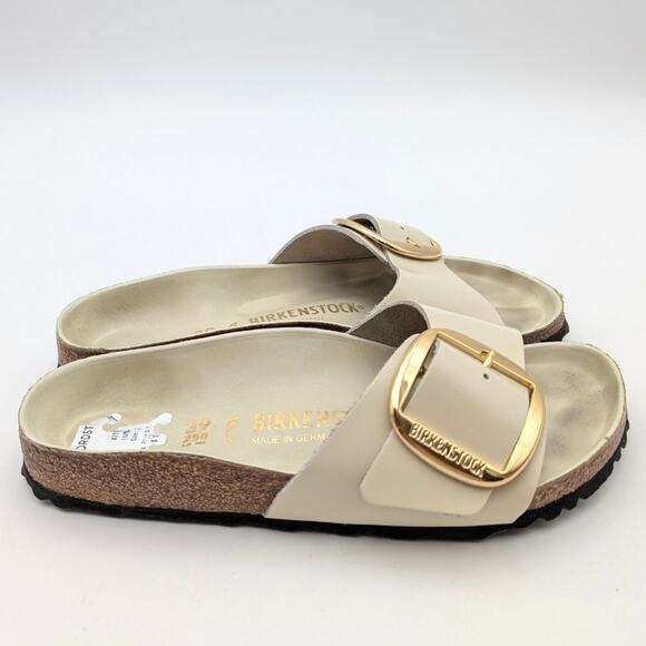 Birkenstock Madrid Big Buckle Natural Leather Patent High Shine Sandals USW8/M6 - Picture 3 of 13